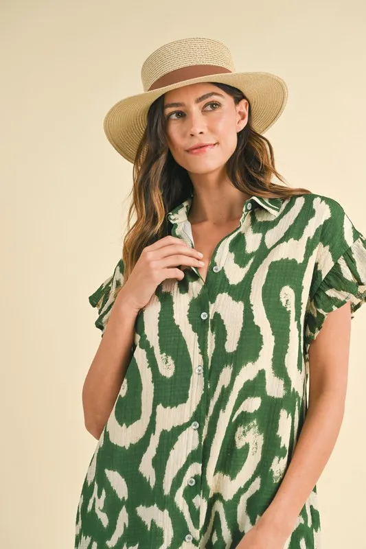 Abstract Printed Frill Sleeve Shirt Mini Dress, image 4