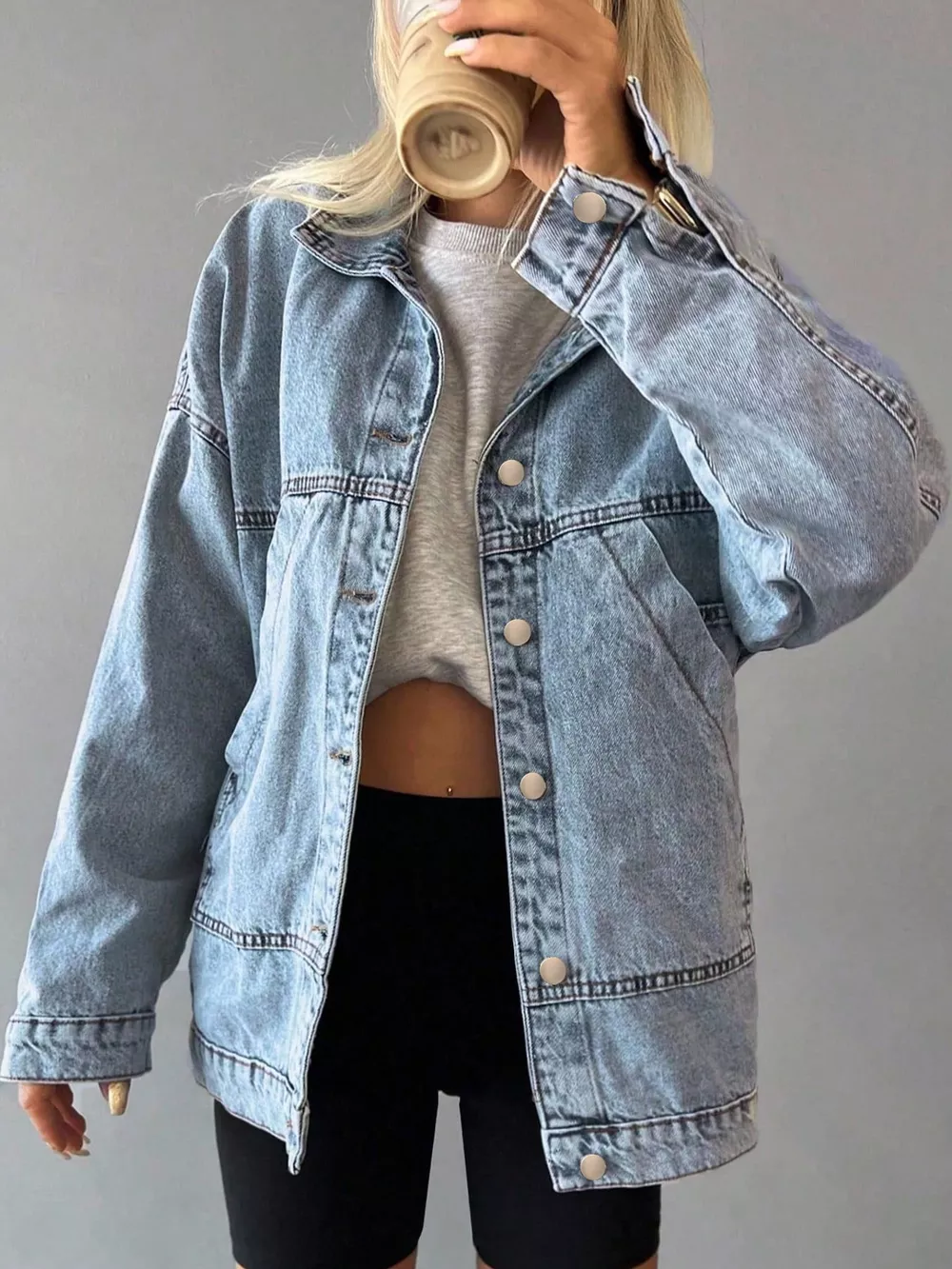 Button Up Dropped Shoulder Denim Jacket, image 3
