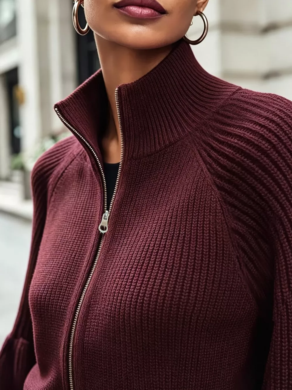 Ribbed Knit Zip-Up Cardigan with Lantern Sleeves, image 5