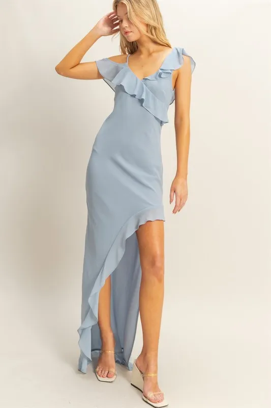 Chiffon Ruffle Trim Midi Dress