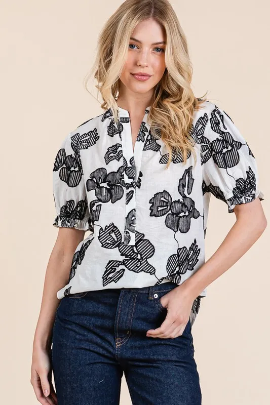 Embroidered Split Neck Puff Sleeve Blouse, image 9