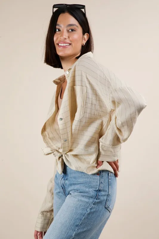 Full Size Oversized Striped Button Down Shirt Top Plus Size, image 2