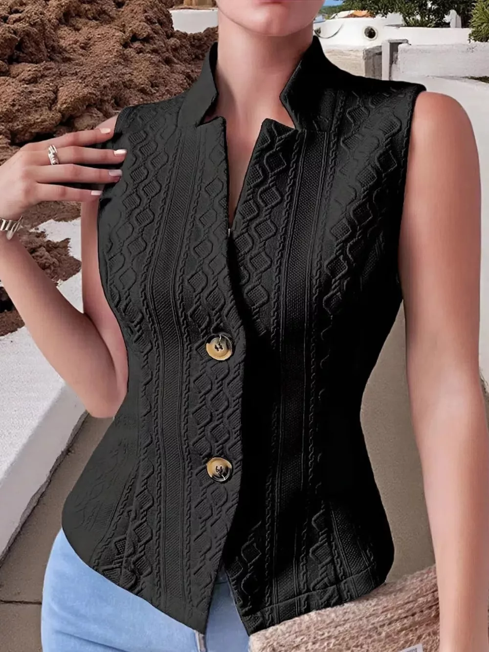 Textured Slim-Fit Button-Down Vest Coat, image 2