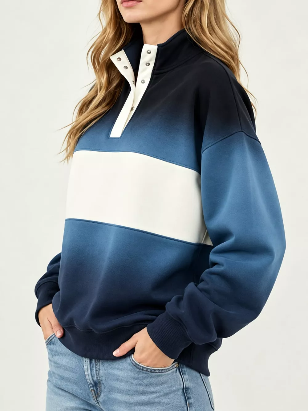 Full Size Color Block Snap-Button Sweatshirt Plus Size, image 27