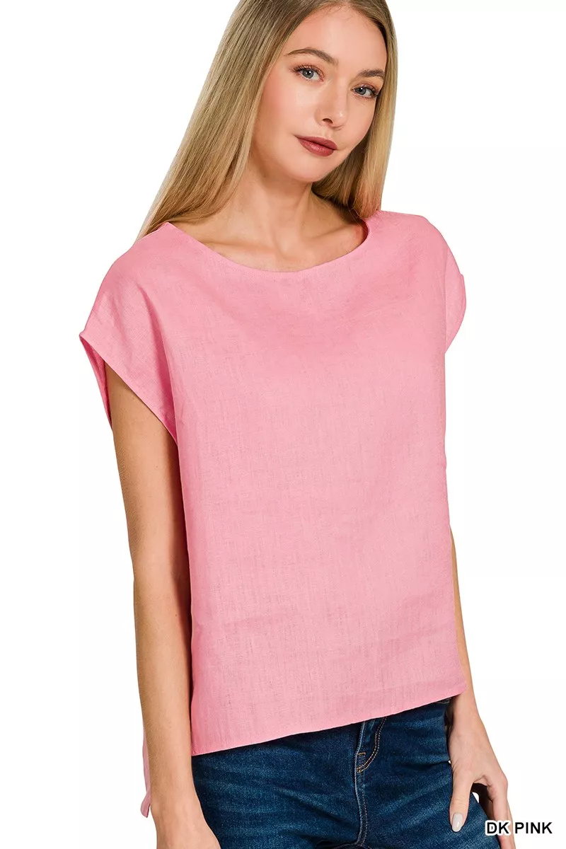 Linen Round Neck Cap Sleeve Top, image 3