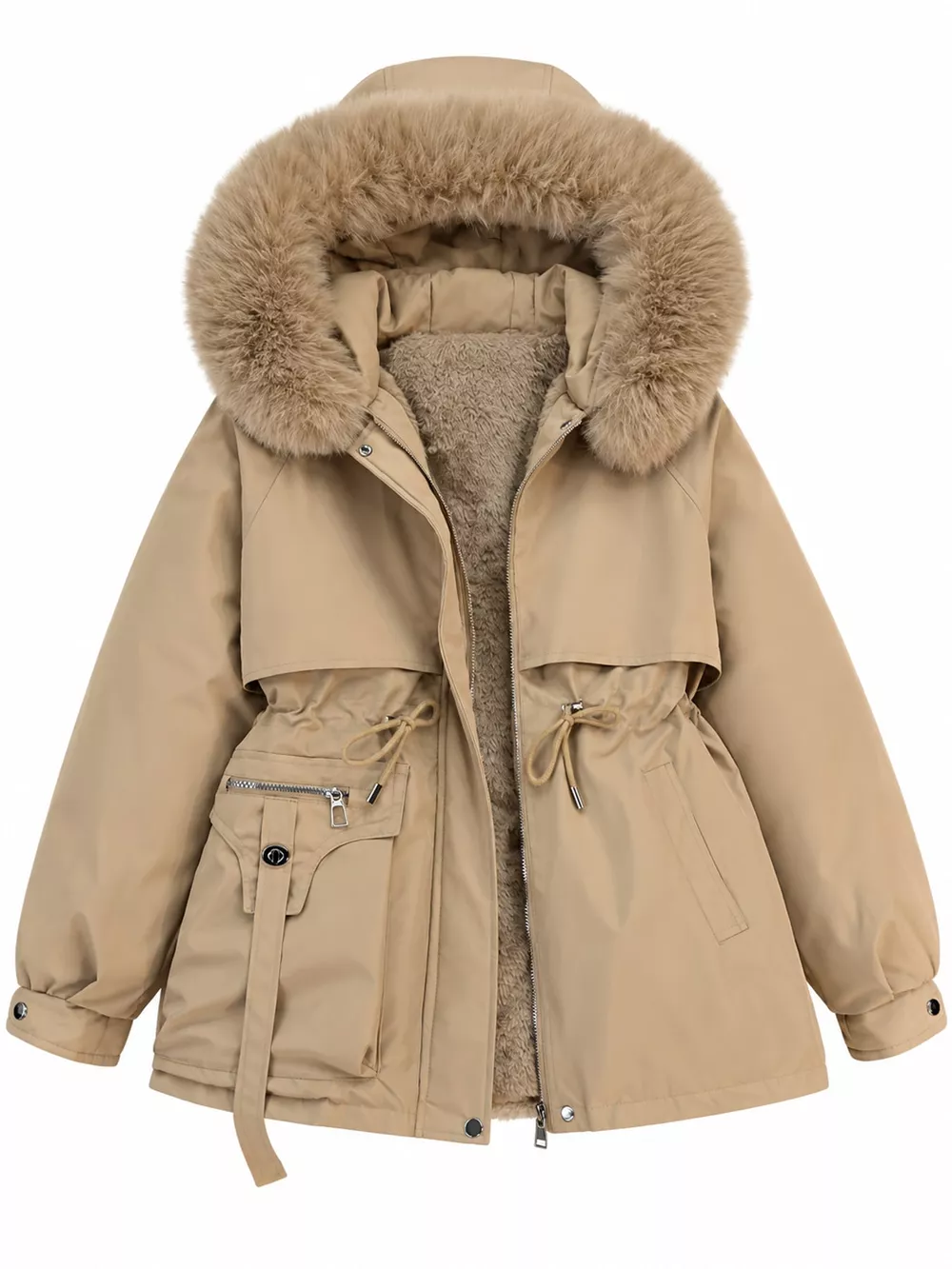 Plus Size Faux Fur Hooded Drawstring Waist Winter Parka Outerwear, image 8