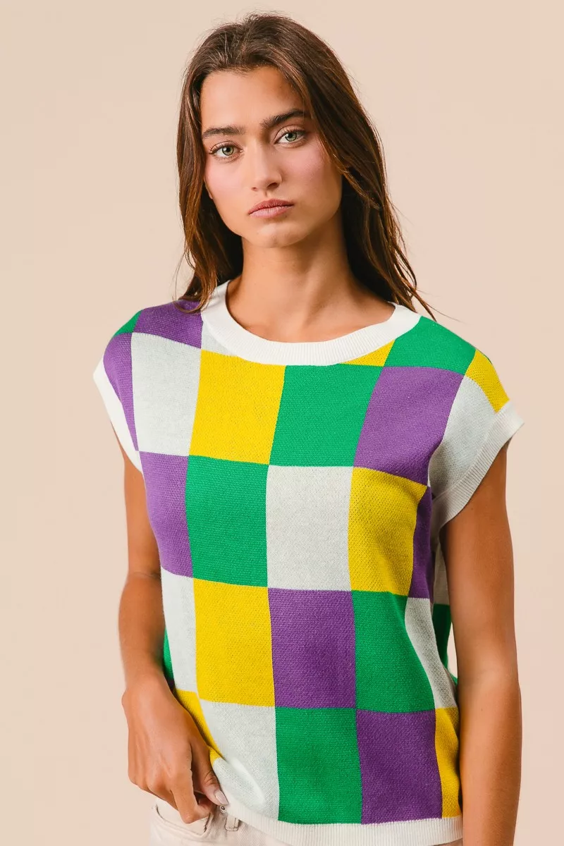 Mardi Gras Checker Pattern Sleeveless Sweater Top, image 5