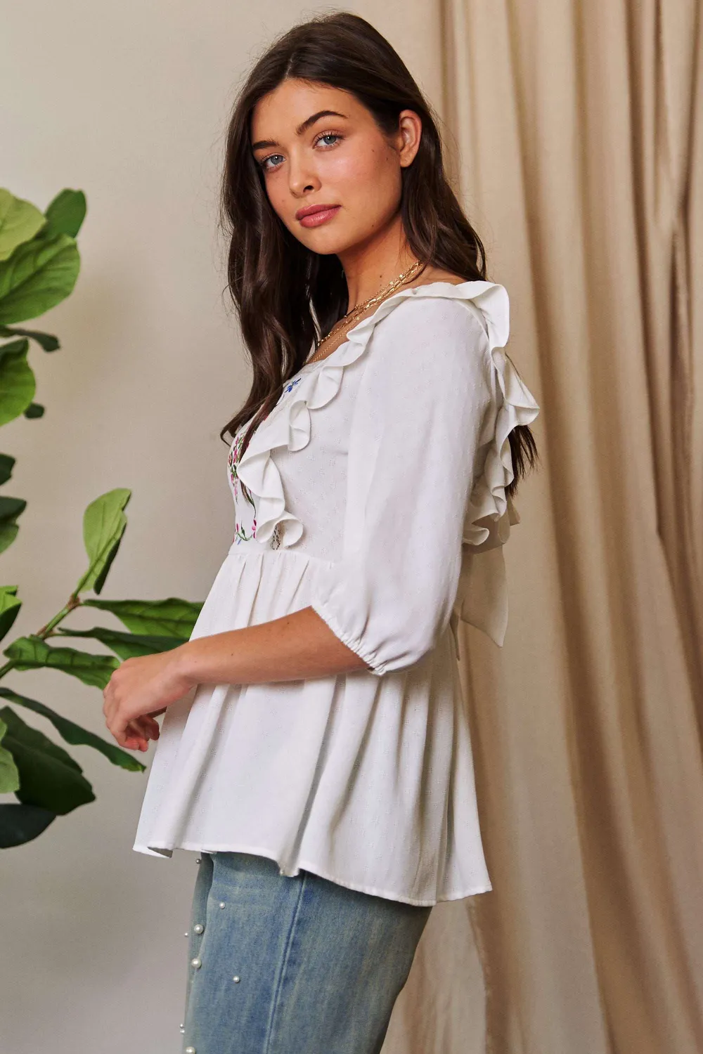 Texture Tie Back Floral Embroidery Frill Blouse, image 5