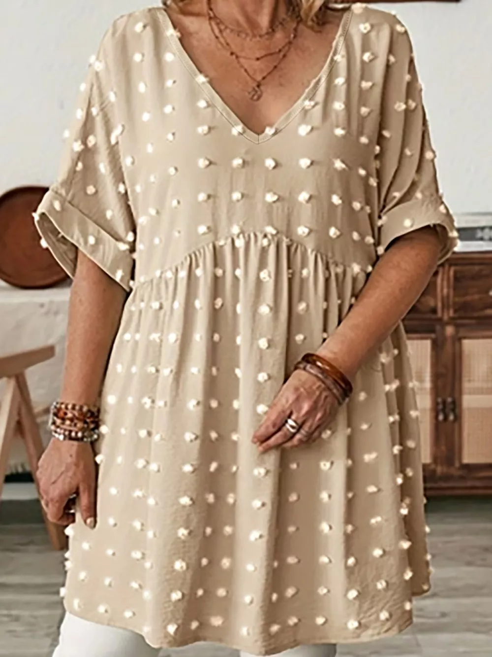 Plus Size Swiss Dot V-Neck Casual Blouse, image 27