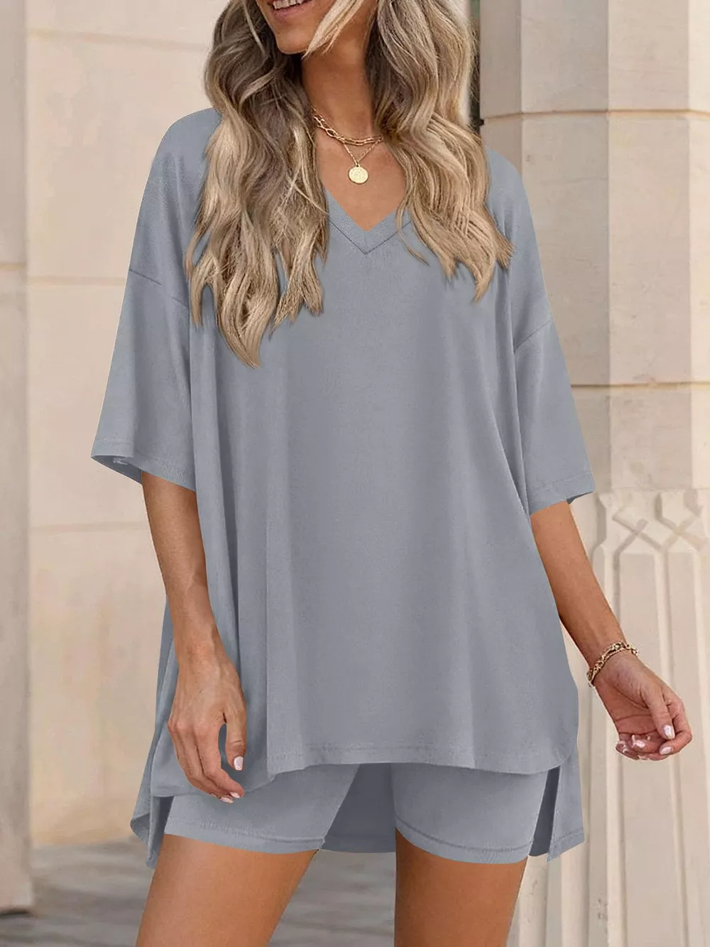 Full Size Casual Loose V-Neck T-Shirt & Shorts Set Plus Size, image 17