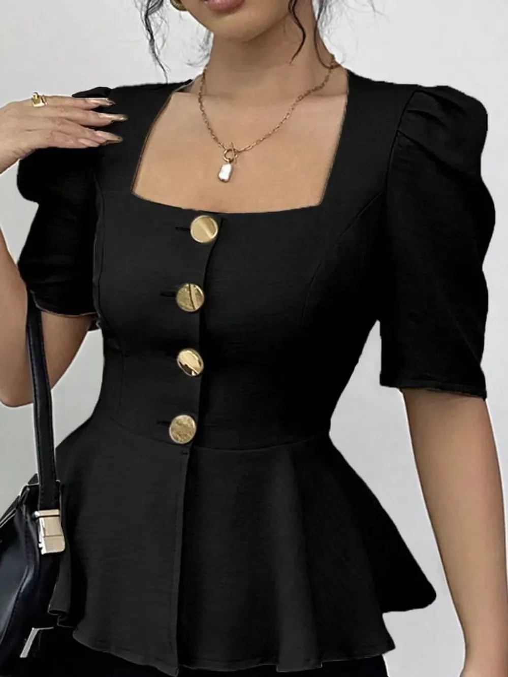 Square Neck Puff Sleeve Peplum Blouse, image 3