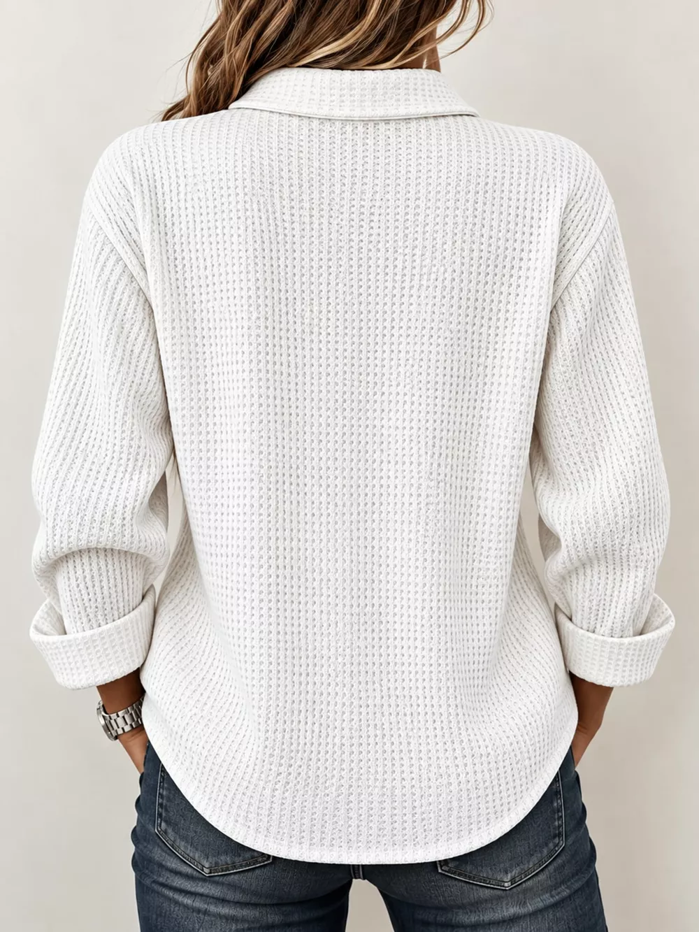 Full Size Waffle Knit Long Sleeve Polo Top Plus Size, image 22