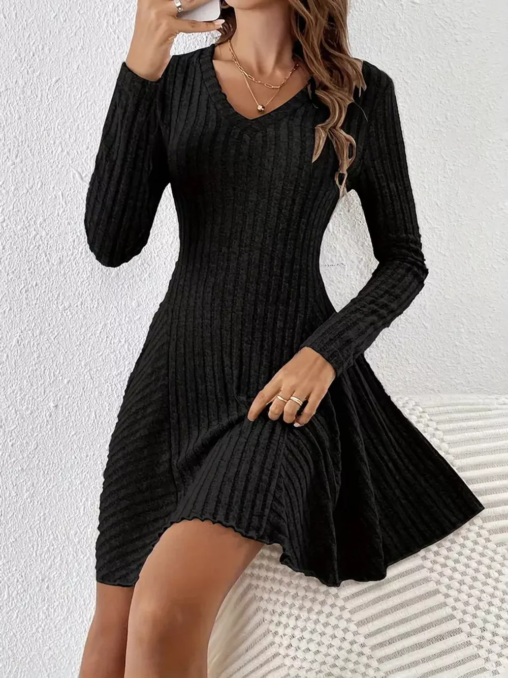 V-Neck Ribbed Knit A-Line Dress, image 6