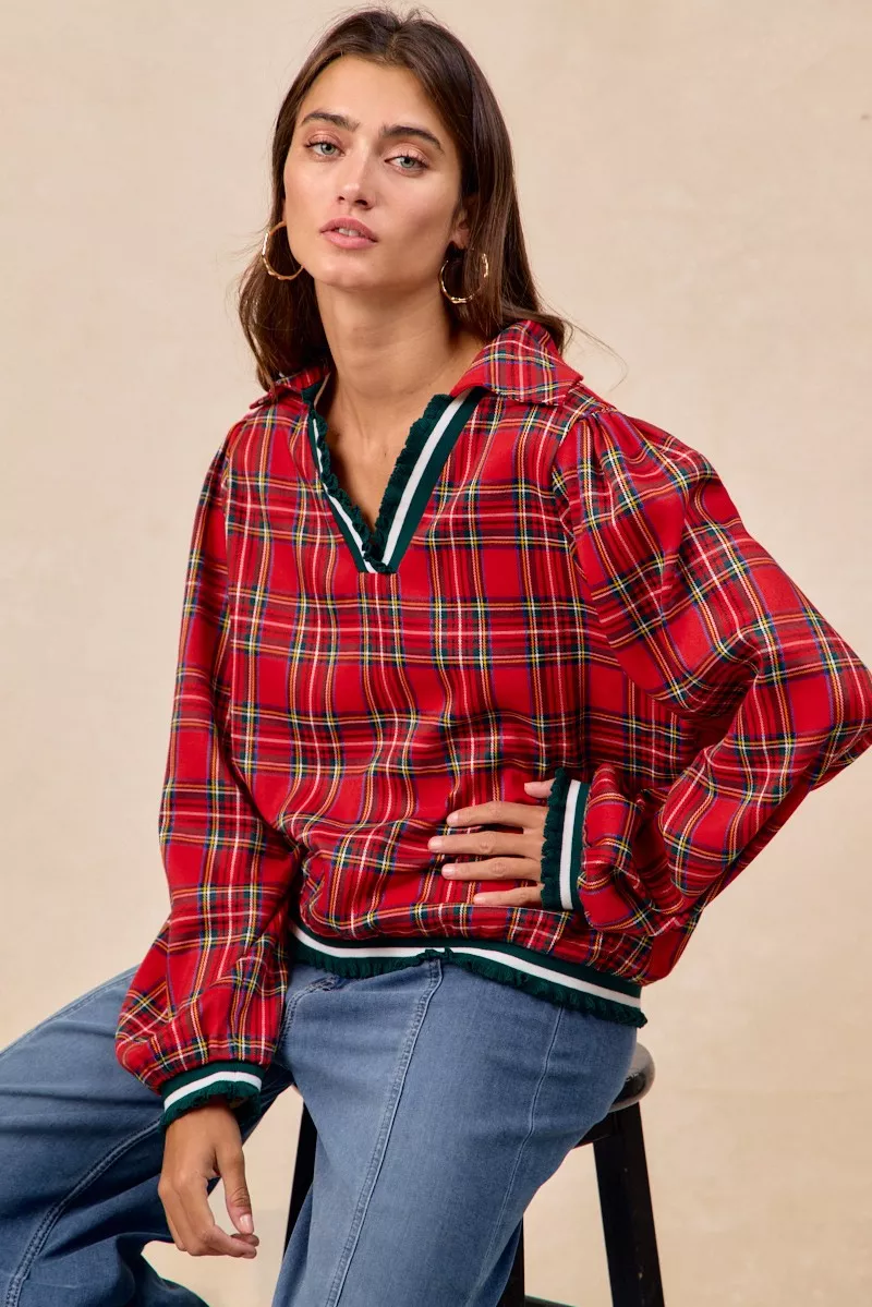 Christmas Plaid Collared Top with Ruffled Detail, image 2