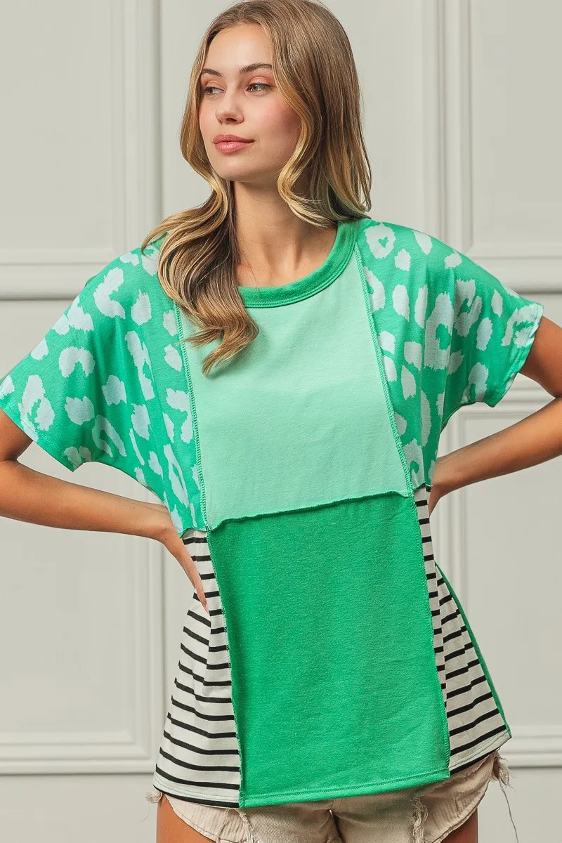Leopard and Stripe Color Block Top With Exposed Seam, image 3
