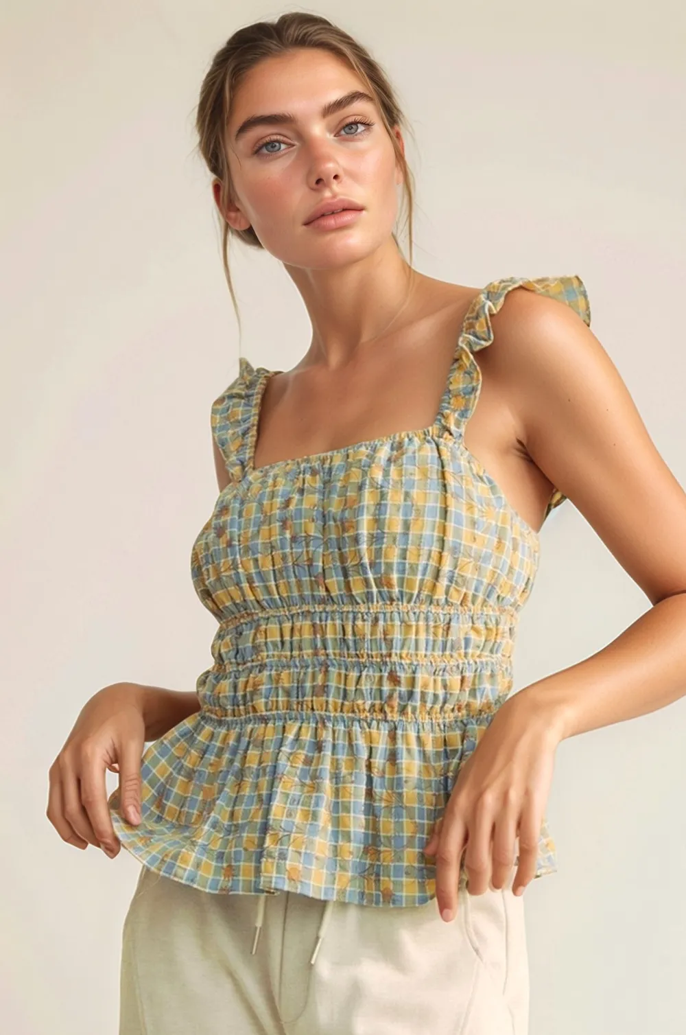 Plaid Ruffled Strap Smocked Sleeveless Top, image 8