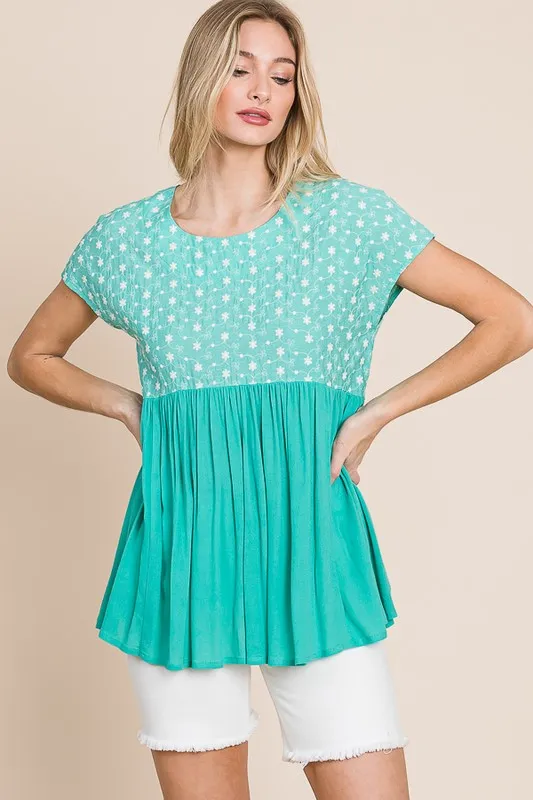 Full Size Embroidered Short Sleeve Pleated Babydoll Top Plus Size, image 9