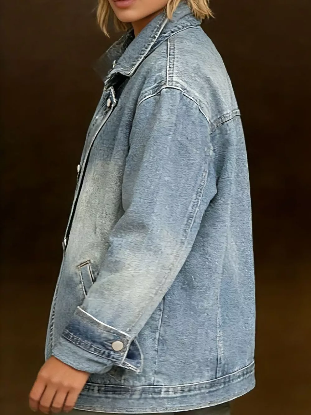 Full Size Asymmetric Button-Up Stand Collar Denim Jacket Plus Size, image 5