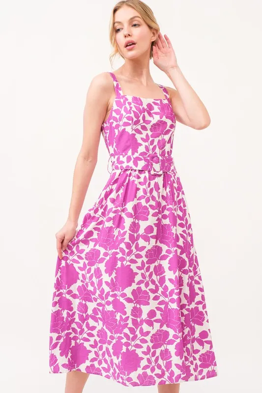 Square Neck Belted Floral Printed Midi Dress, image 4