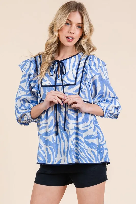 Graphic Print Solid Trim Quarter Sleeve Blouse, image 12