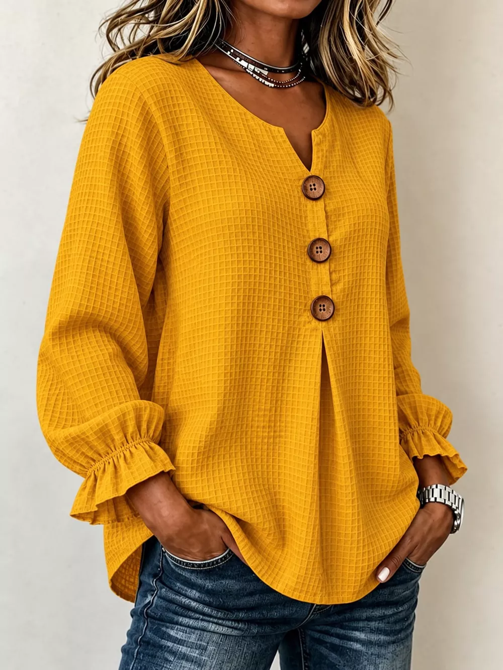 Full Size Waffle Knit Flounce Sleeve Blouse Plus Size, image 17