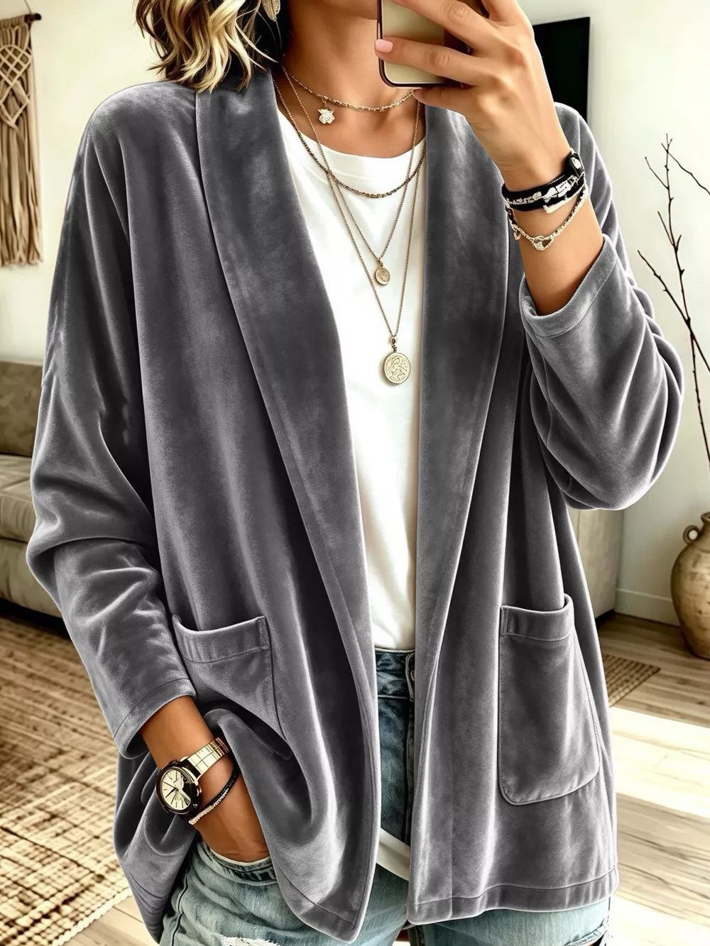 Full Size Velvet Open-Front Cardigan Plus Size