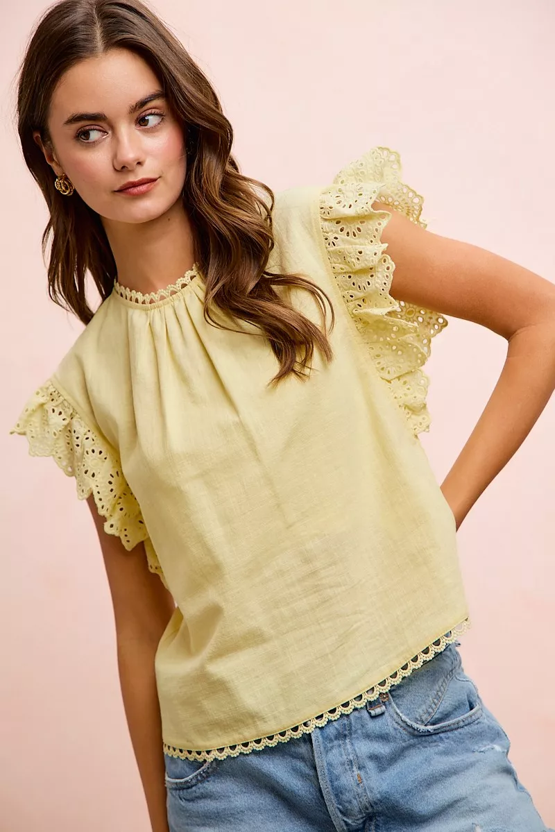 BiBi Cotton Solid Ruffle Sleeve Lace Detail Blouse Top, image 13