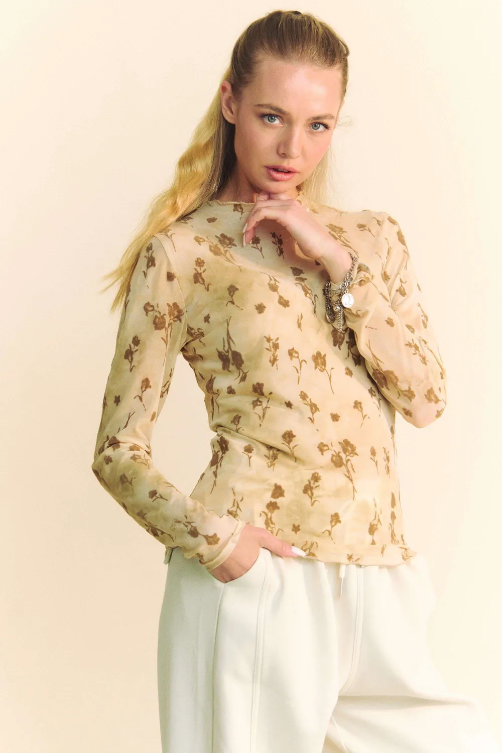 Floral Mesh Long Sleeve Sheer Layering Top