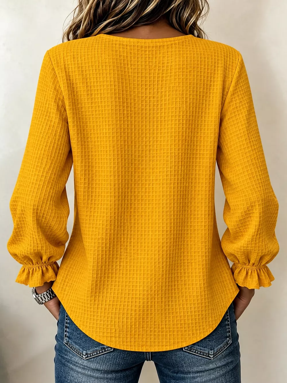 Full Size Waffle Knit Flounce Sleeve Blouse Plus Size, image 18
