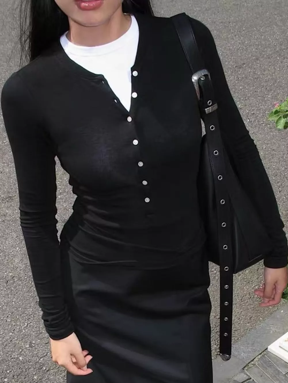 Slim-Fit Button-Down Long Sleeve Knit Top, image 5