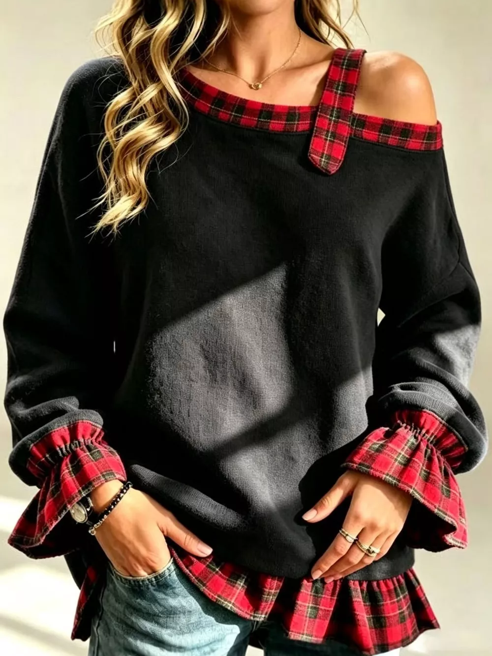 Full Size Plaid Ruffled Hem Asymmetrical Neck Sweatshirt Plus Size, image 9