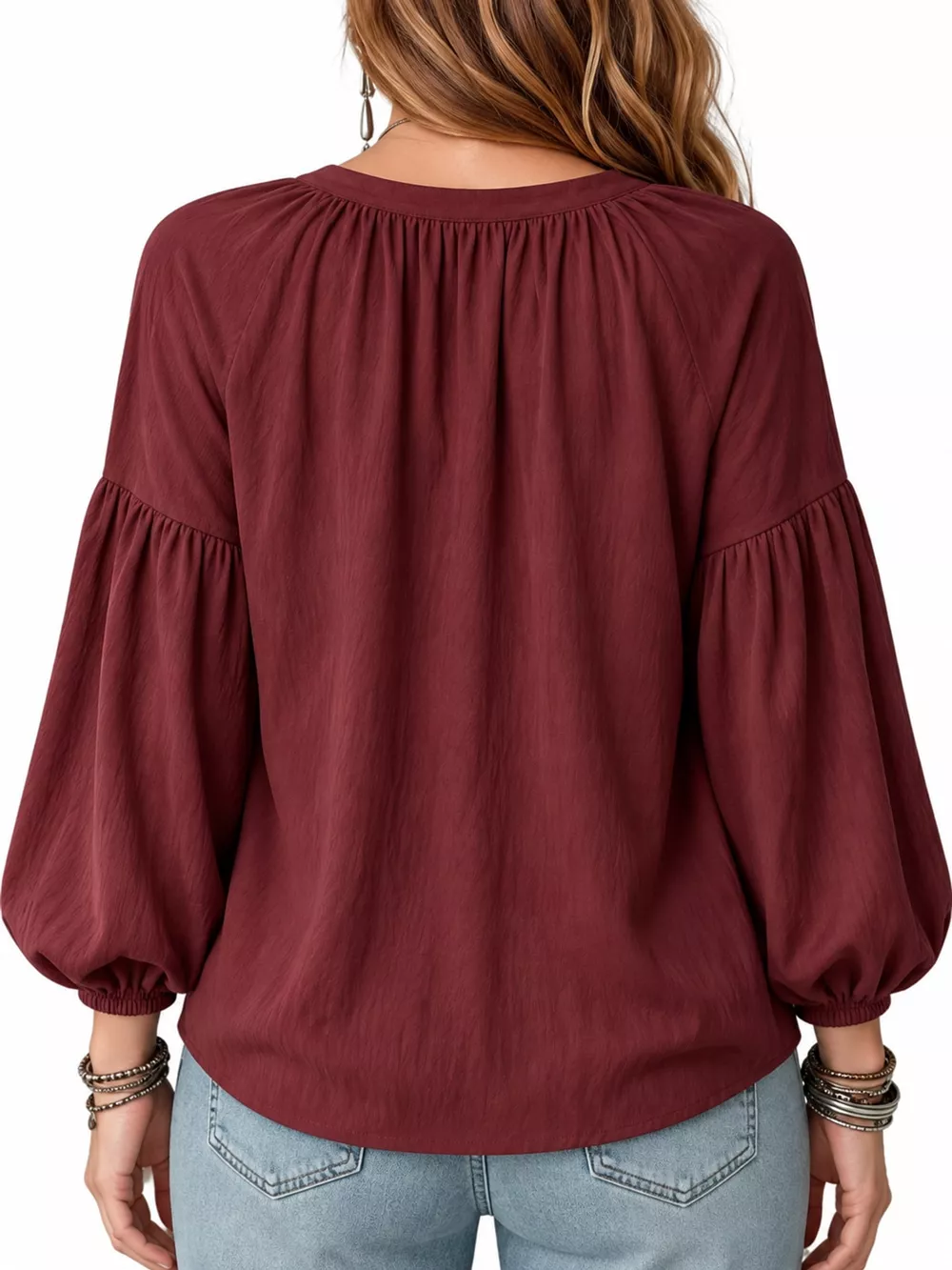 Full Size Notched Balloon Sleeve Blouse Plus Size, image 18