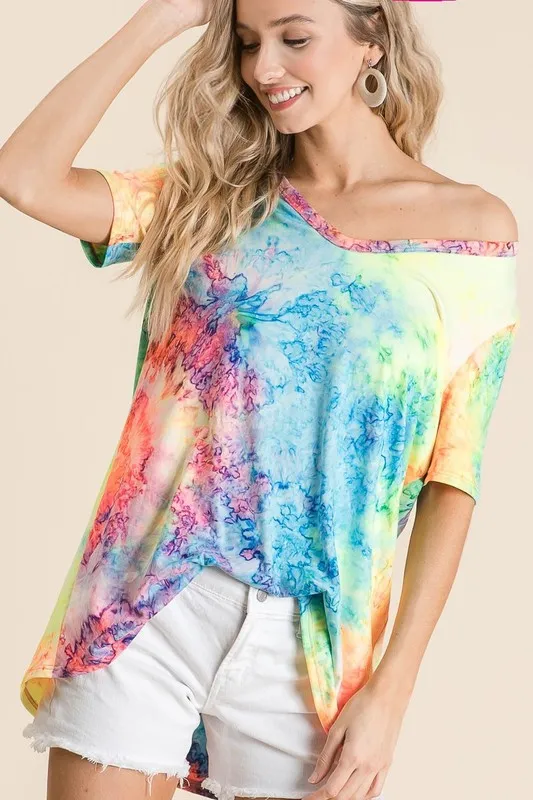 Tie Dye Print Jersey V Neck Top, image 2