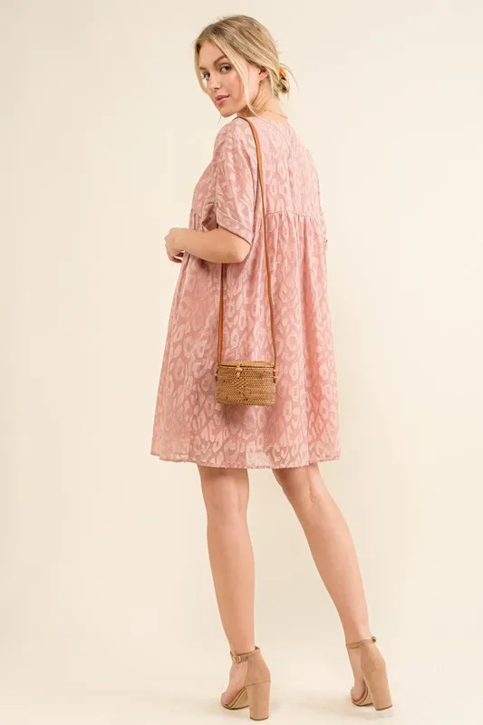 Woven Leopard Baby Doll Roll-Sleeve Casual Dress, image 4