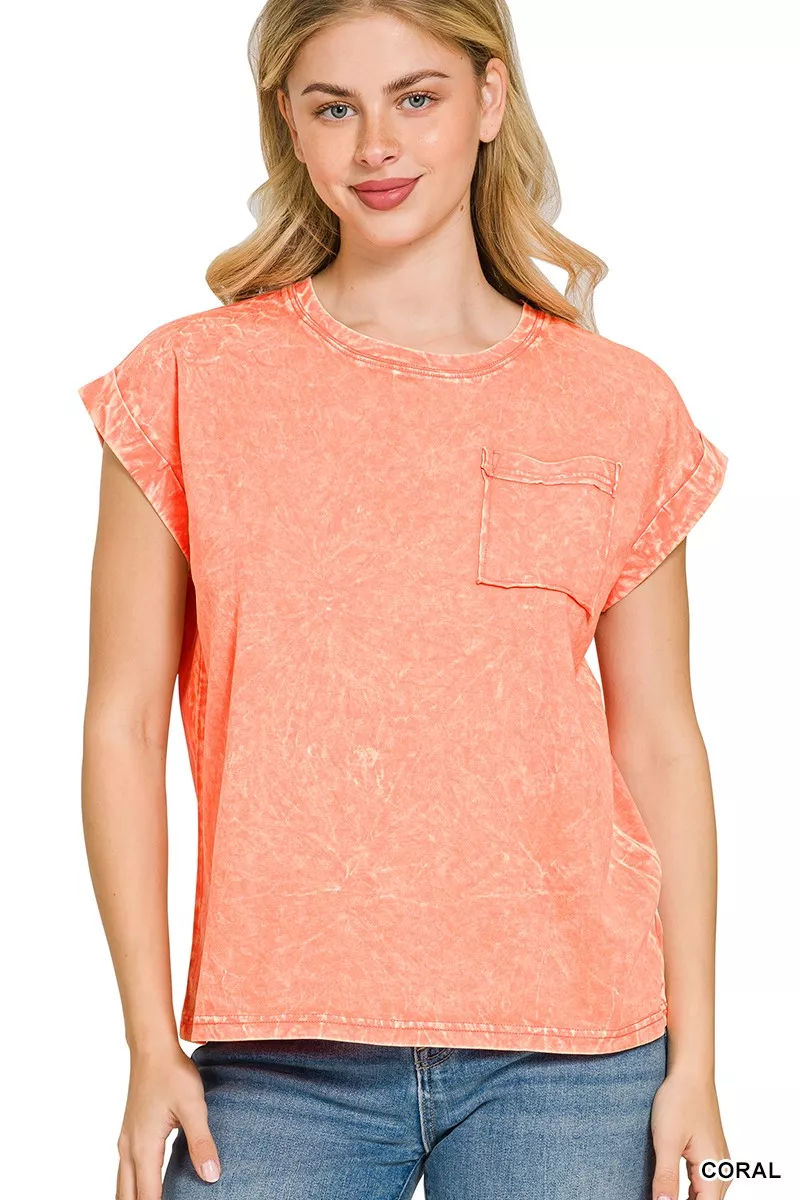 Crinkle Washed Round Neck Folded Short Sleeve Tee