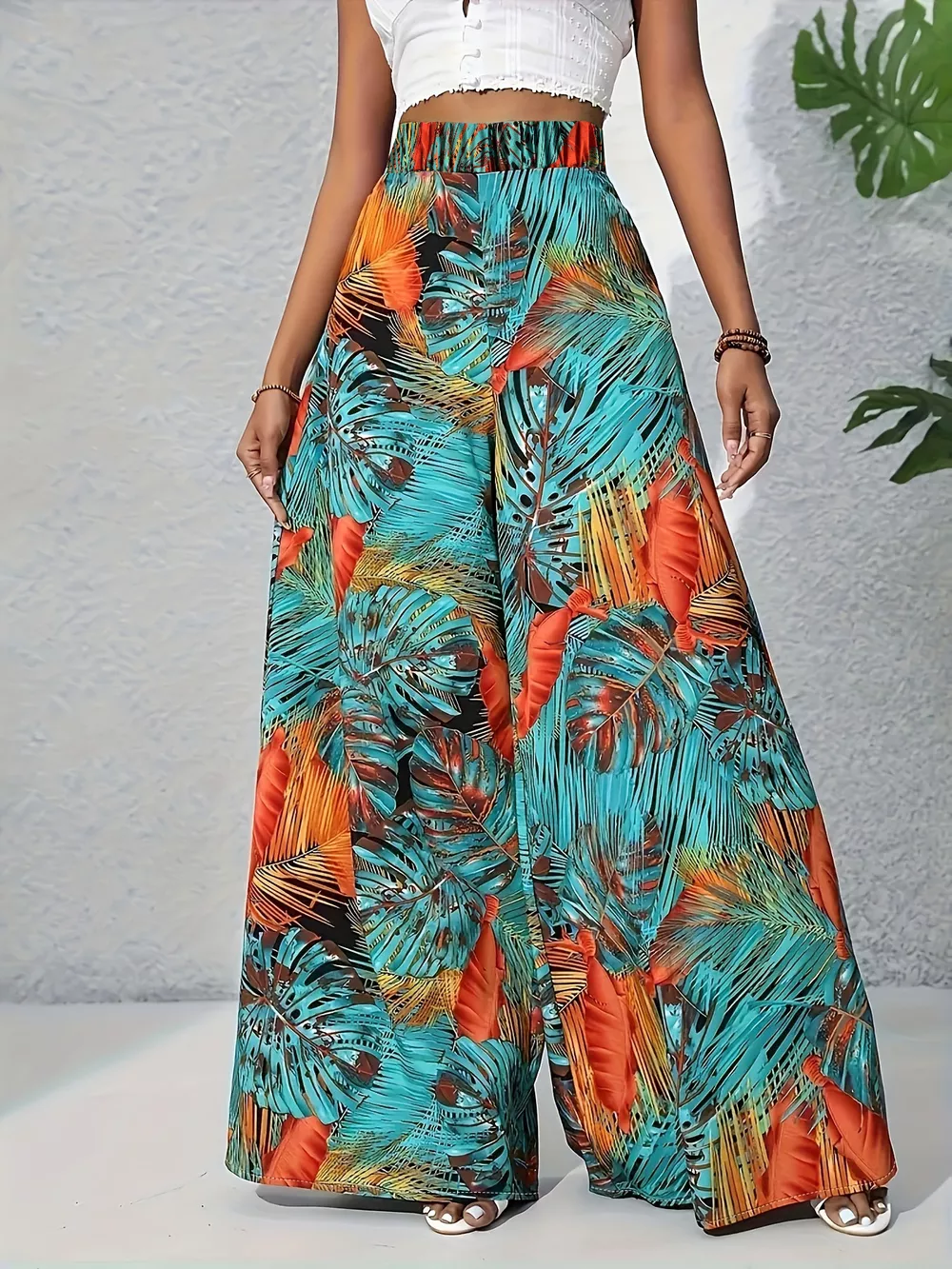Tropical Print Wide Leg Pants