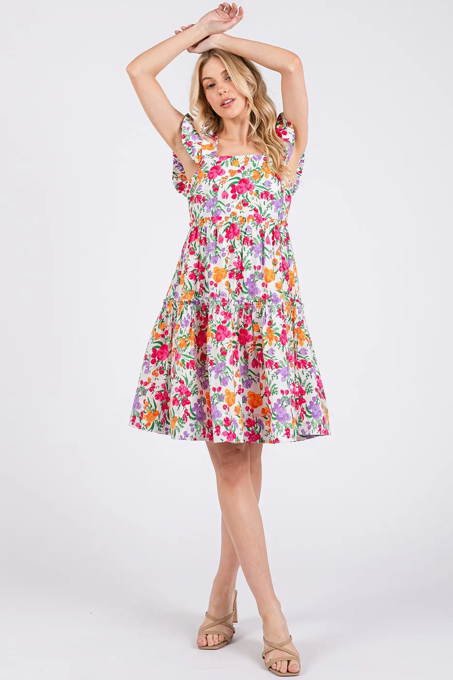 Flower Print Ruffle Shoulder A-line Mini Dress, image 5