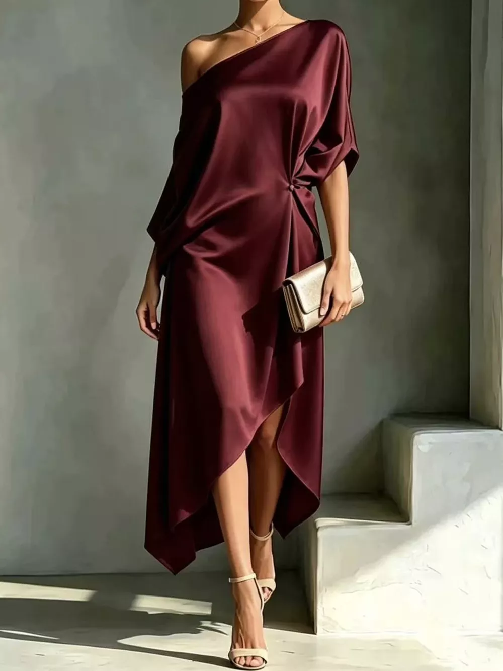 Full Size One-Shoulder Asymmetric Hem Midi Dress Plus Size, image 27