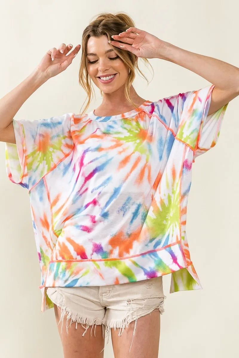 Tie Dye Print Jersey Stitched Uneven Hem Top, image 9