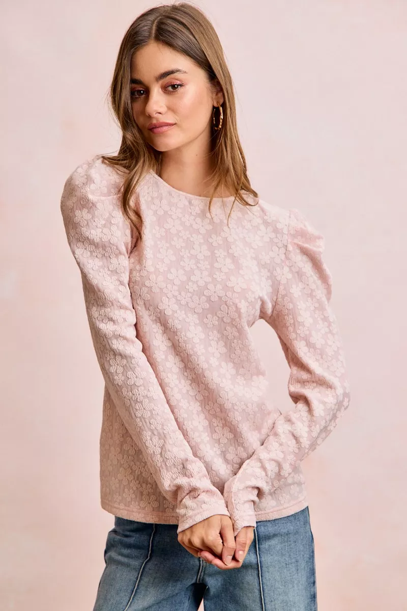 Textured Flower Knit Puff Shoulder Top, image 16