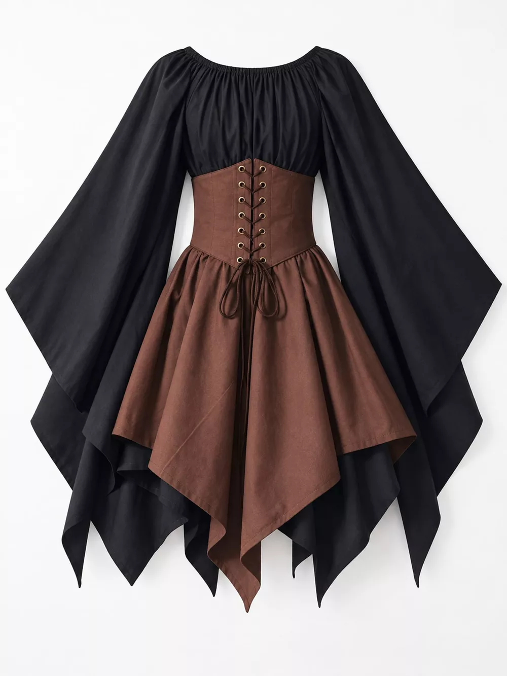 Full Size Lace-Up Flare Sleeve Irregular Hem Dress Plus Size, image 35