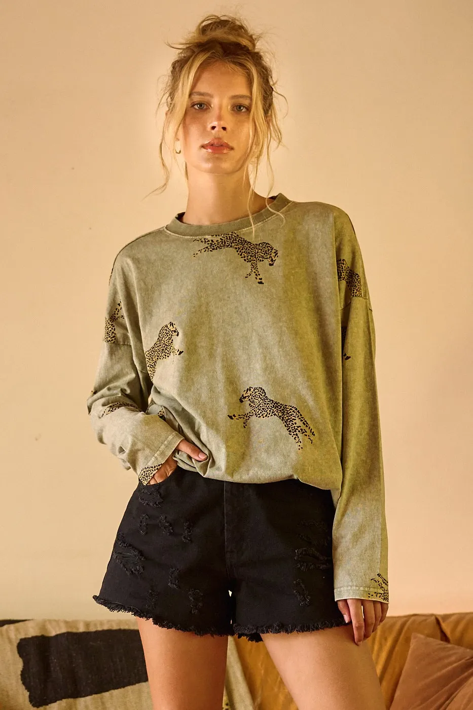 Mineral Wash Cheetah Print Long Sleeve Top