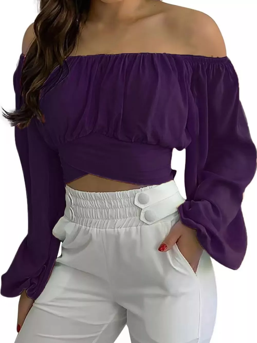 Off-Shoulder Long Sleeve Cropped Blouse, image 18