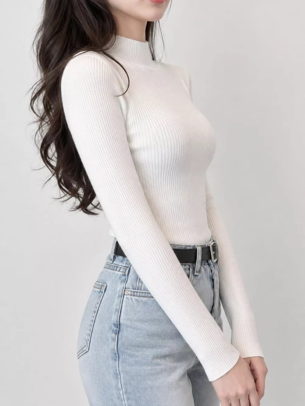 Elegant Slim-Fit Ribbed Mock Neck Knit Top, image 3