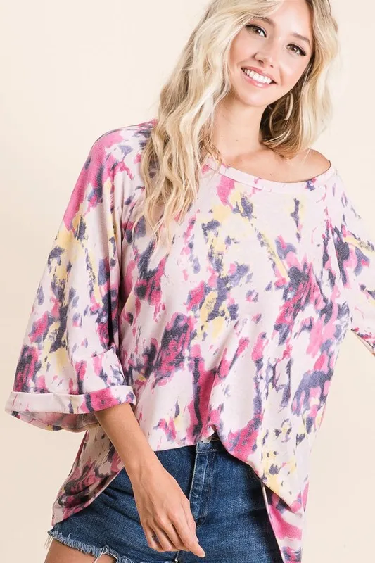 Tie Dye Print Terry A Line Top with Bell Sleeves, image 5