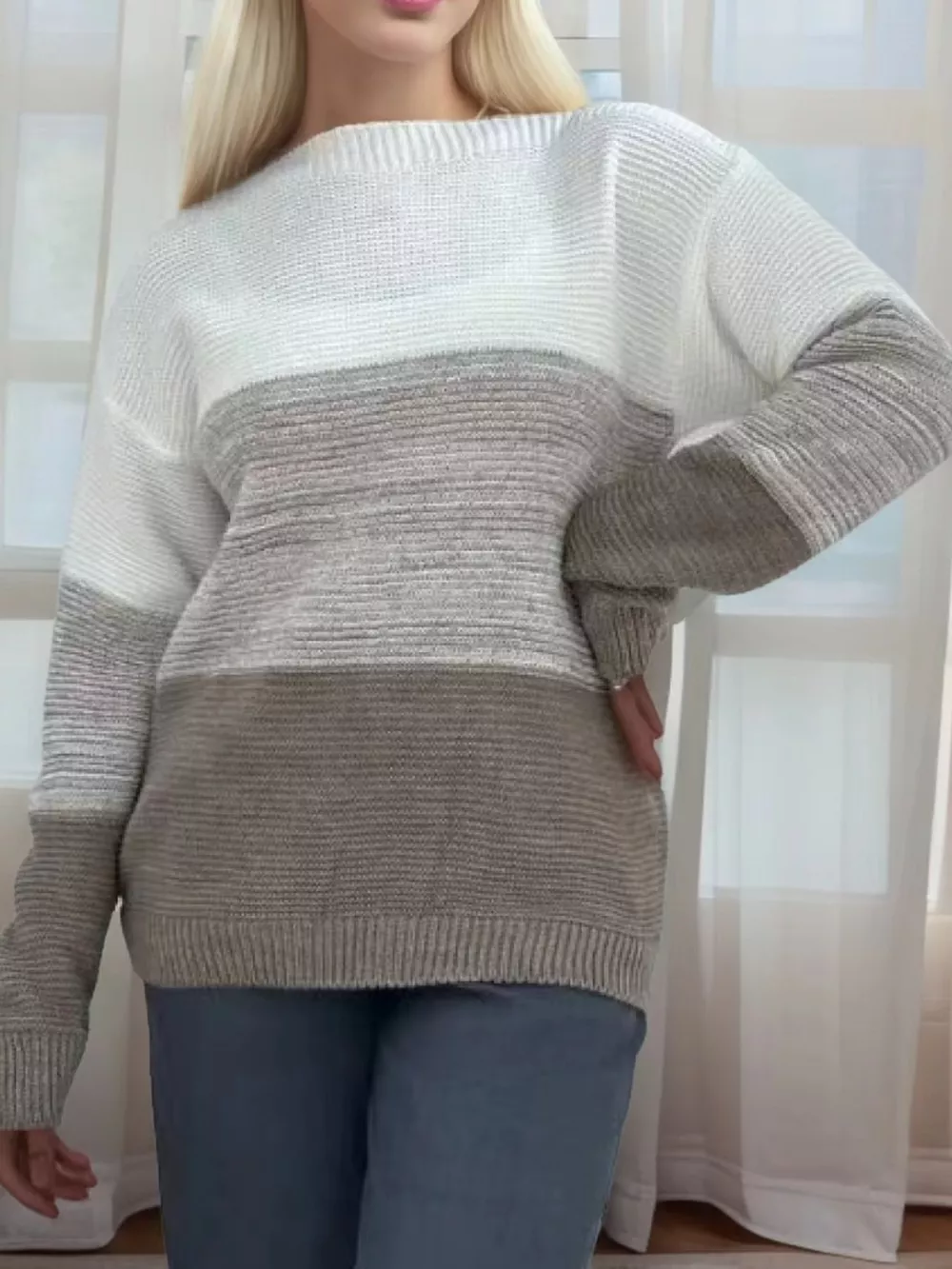 Full Size Color-Block Boat Neck Sweater Plus Size, image 48