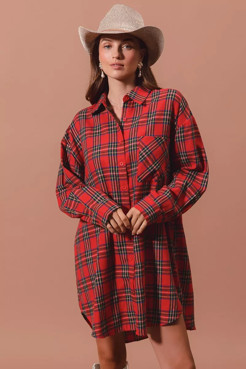 Christmas Checker Plaid Button Up Shirt Dress, image 8