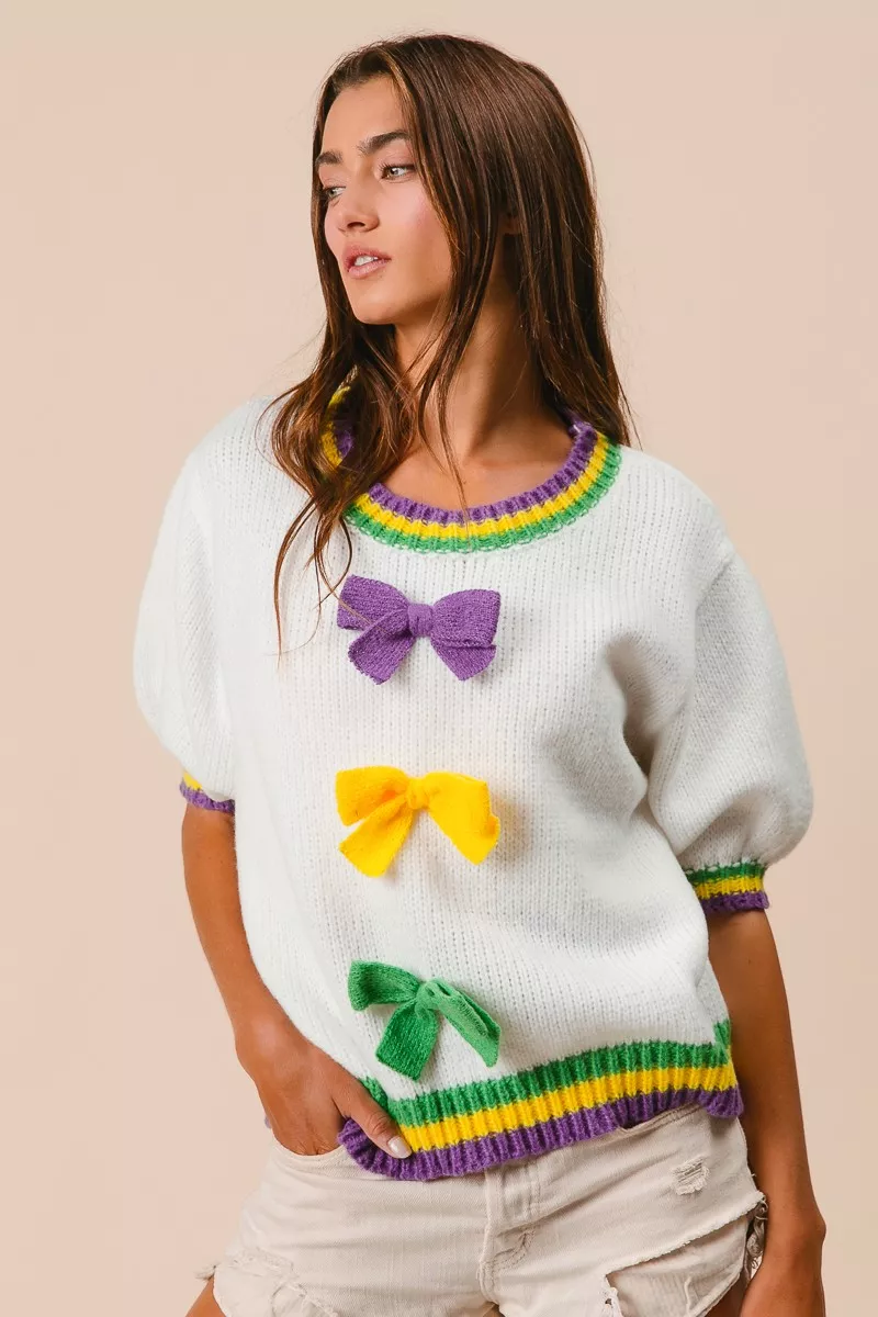 Short Puff Sleeve Ribbon Bow Mardi Gras Sweater, image 5