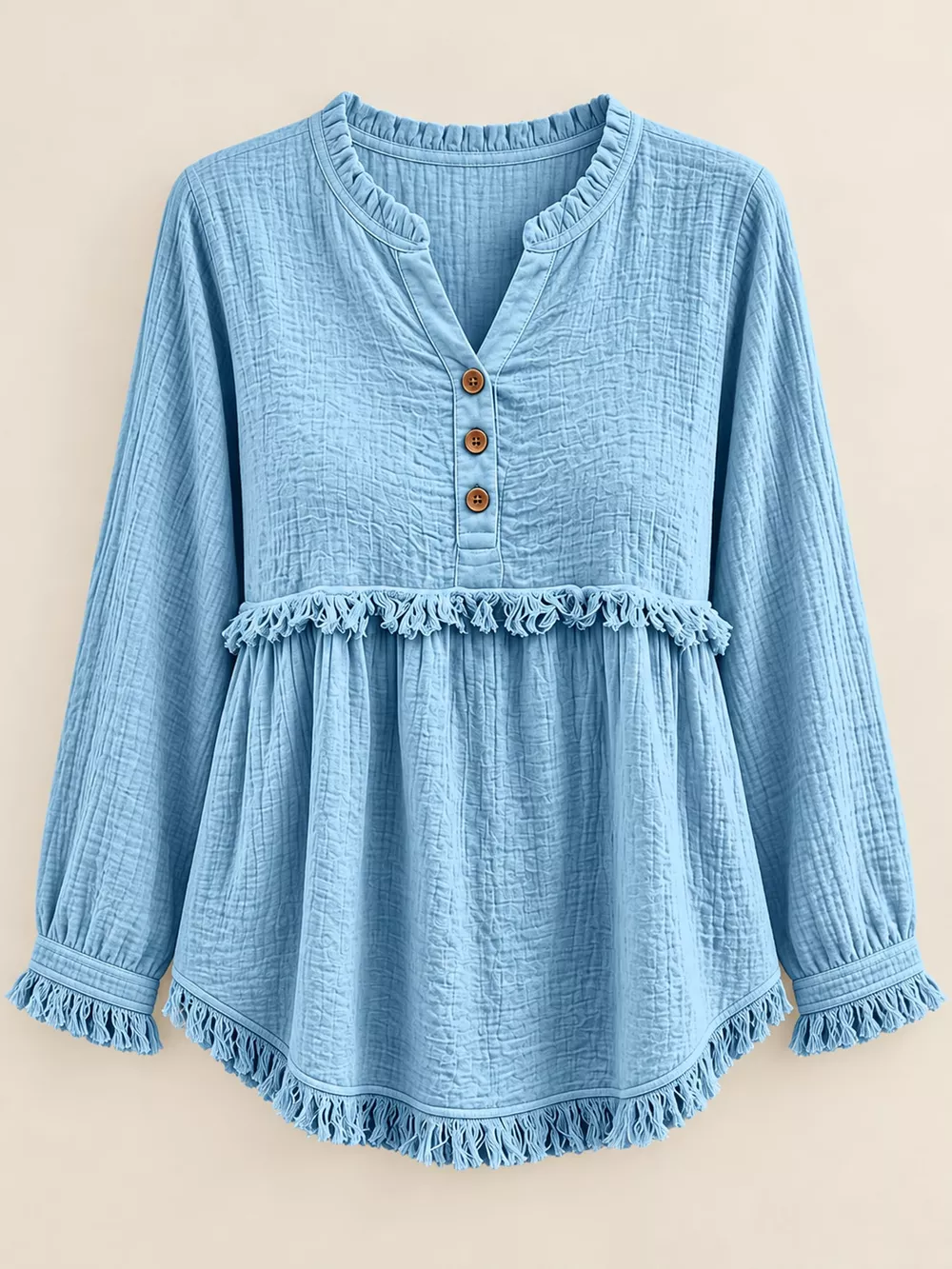 Full Size Frayed Hem Button Detail Blouse Plus Size, image 29