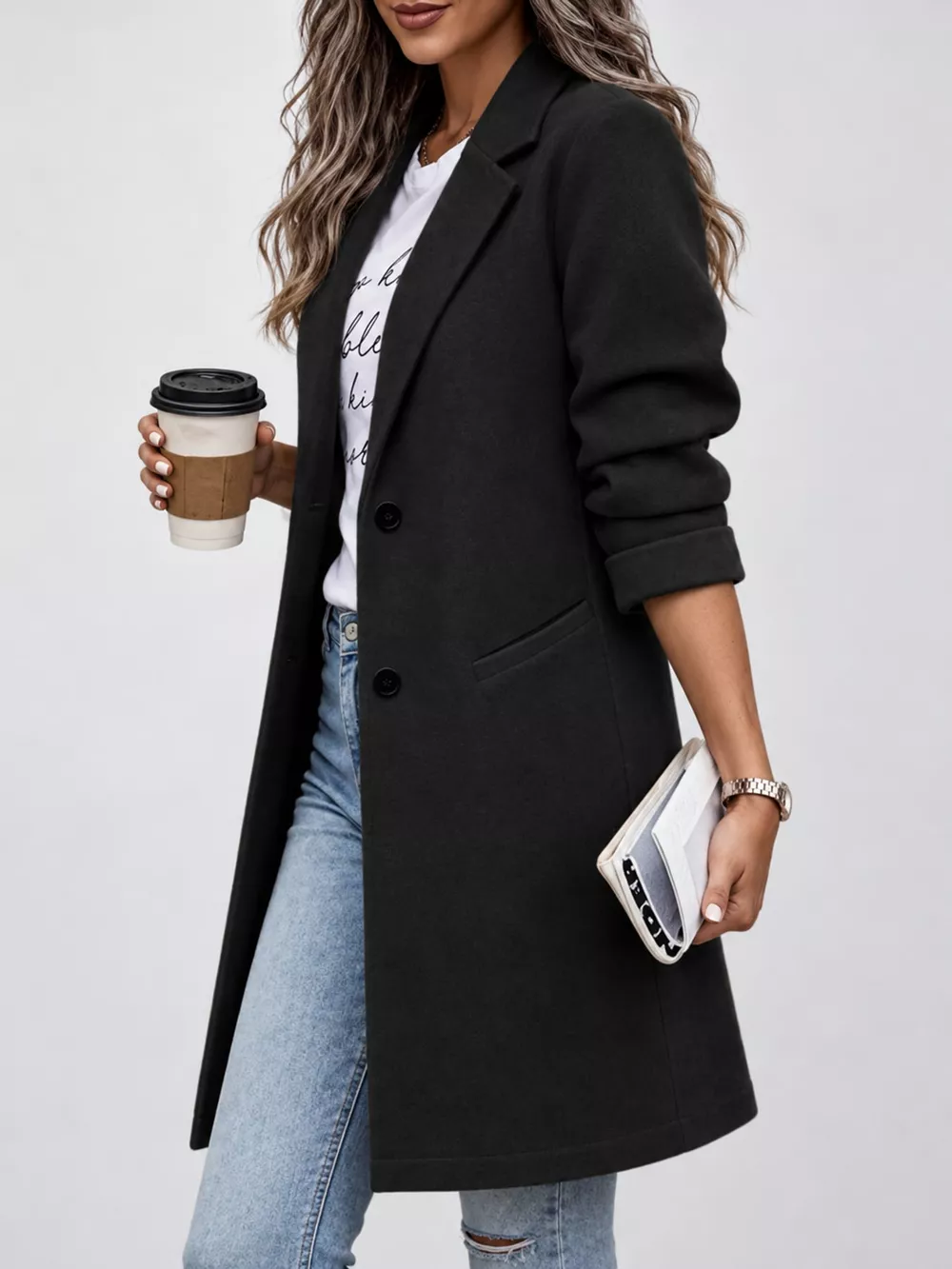 Full Size Lapel Collar Button Up Coat Plus Size, image 2